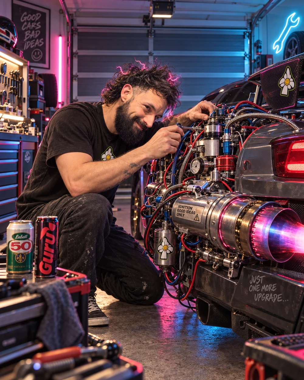 Seub dans son atelier, devant un projet mécanique